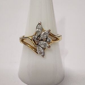 Gold Tone Cubic Zirconia Marquise Cluster Ring Size 9 Floral Leaf Style Jewelry